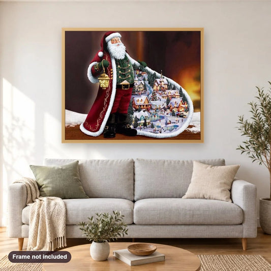Merry Christmas Santa Claus diamond painting shown framed on a living room wall above a sofa