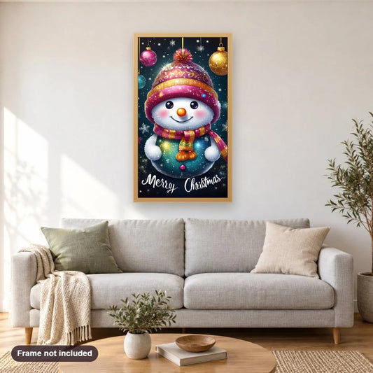 Merry Christmas Snowman diamond painting shown framed on a living room wall above a sofa