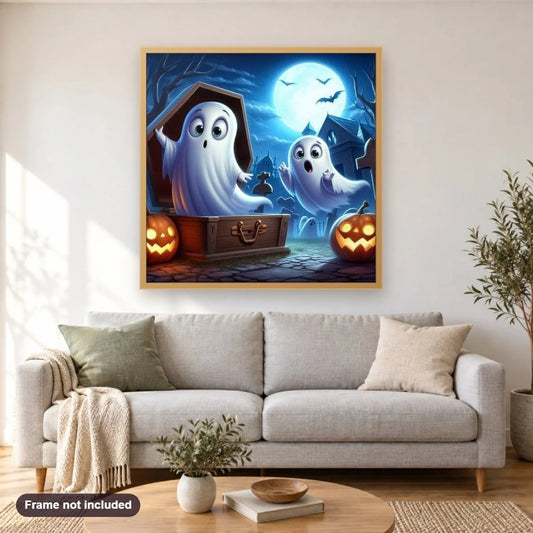 Midnight in the Ghost Town diamond painting shown framed on a living room wall above a sofa