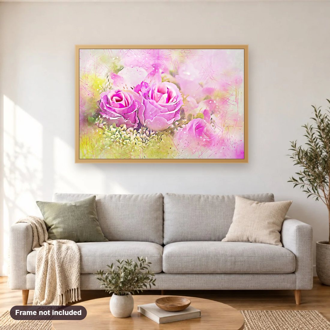Misty Rose Bouquet diamond painting shown framed on a living room wall above a sofa