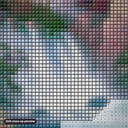 Close-up preview of the Misty Waterfall diamond painting with square 5D drills and printed canvas symbols
