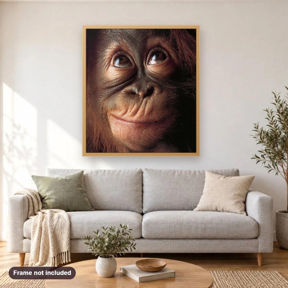 Monkey Face diamond painting shown framed on a living room wall above a sofa