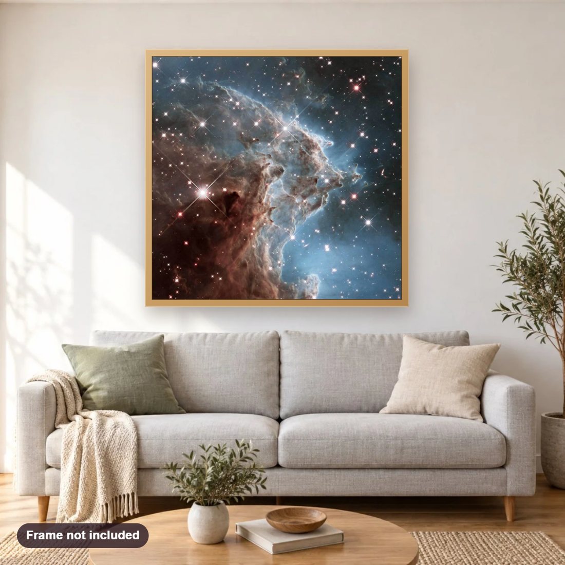 Monkey Head Nebula diamond painting shown framed on a living room wall above a sofa