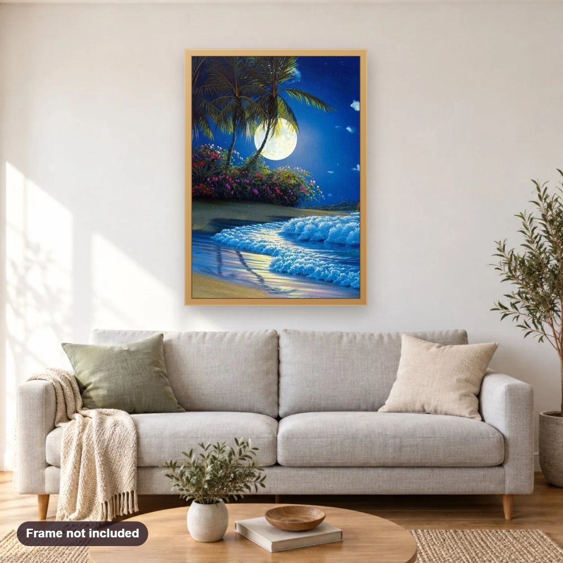 Moon & Sea Landscape diamond painting shown framed on a living room wall above a sofa