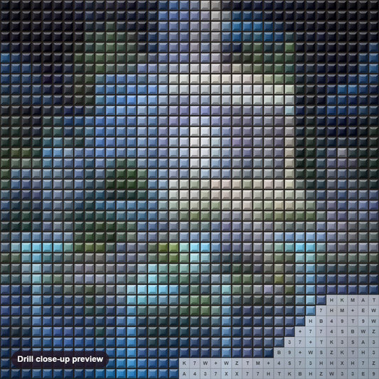 Close-up preview of the Moonlight Island diamond painting with square 5D drills and printed canvas symbols