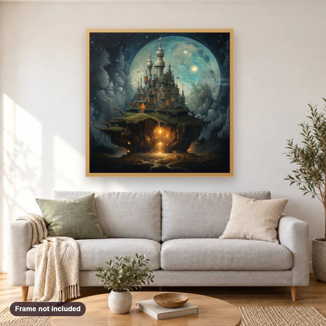Moonlit Castle Among Stars diamond painting shown framed on a living room wall above a sofa