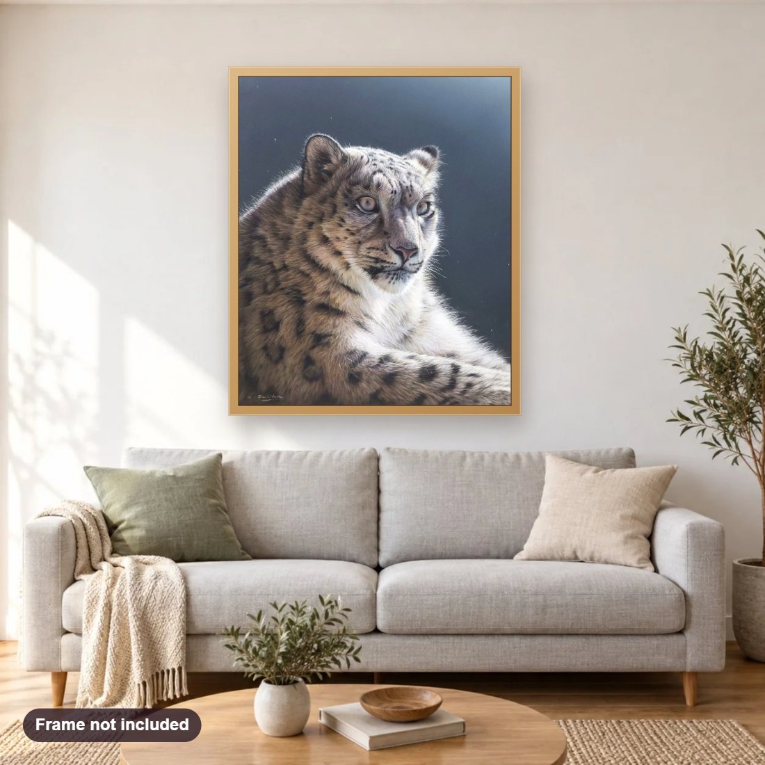 Moonshine diamond painting shown framed on a living room wall above a sofa