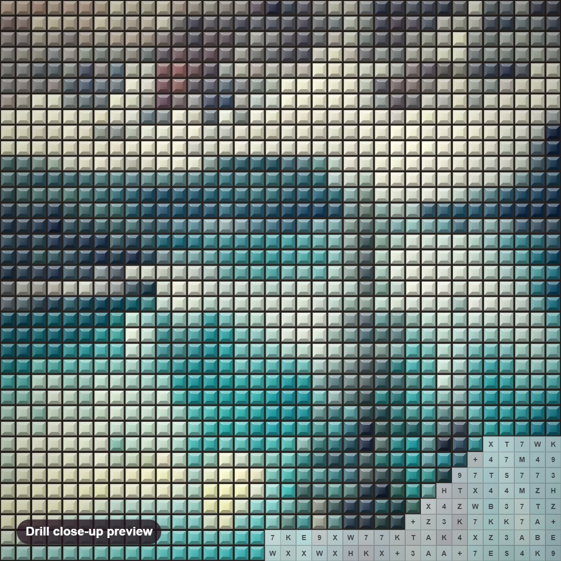 Close-up preview of the Moraine Lake diamond painting with square 5D drills and printed canvas symbols