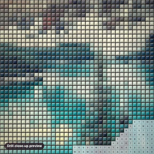Close-up preview of the Moraine Lake diamond painting with square 5D drills and printed canvas symbols