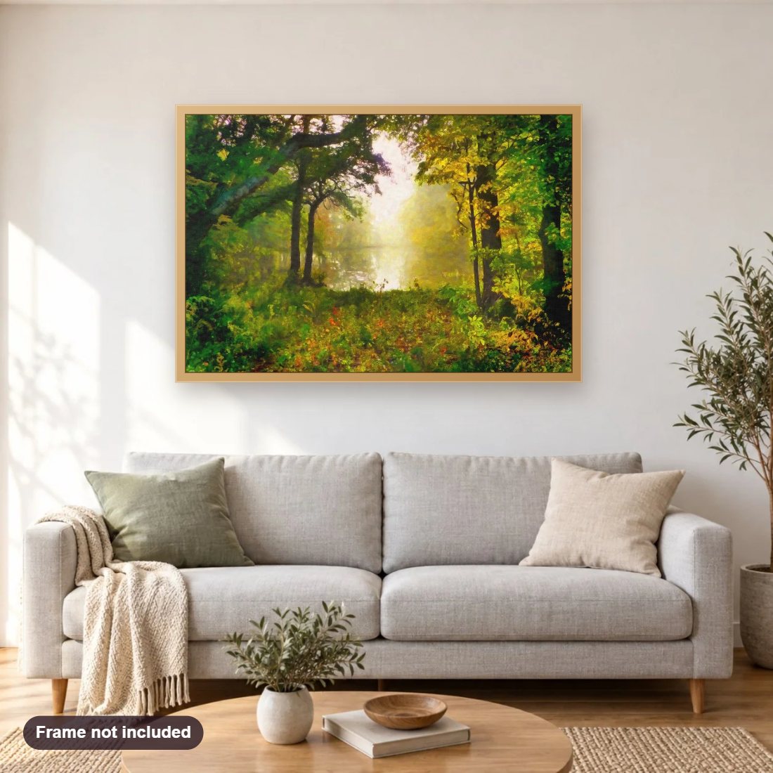 Morning Mist diamond painting shown framed on a living room wall above a sofa