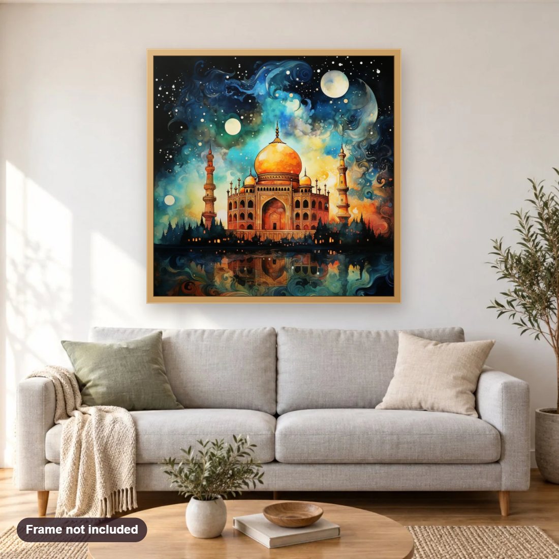 Mosque's Majestic Night Glow diamond painting shown framed on a living room wall above a sofa