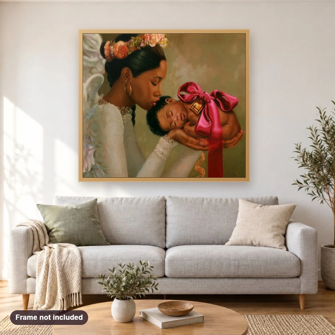 Mother & Baby's Love diamond painting shown framed on a living room wall above a sofa