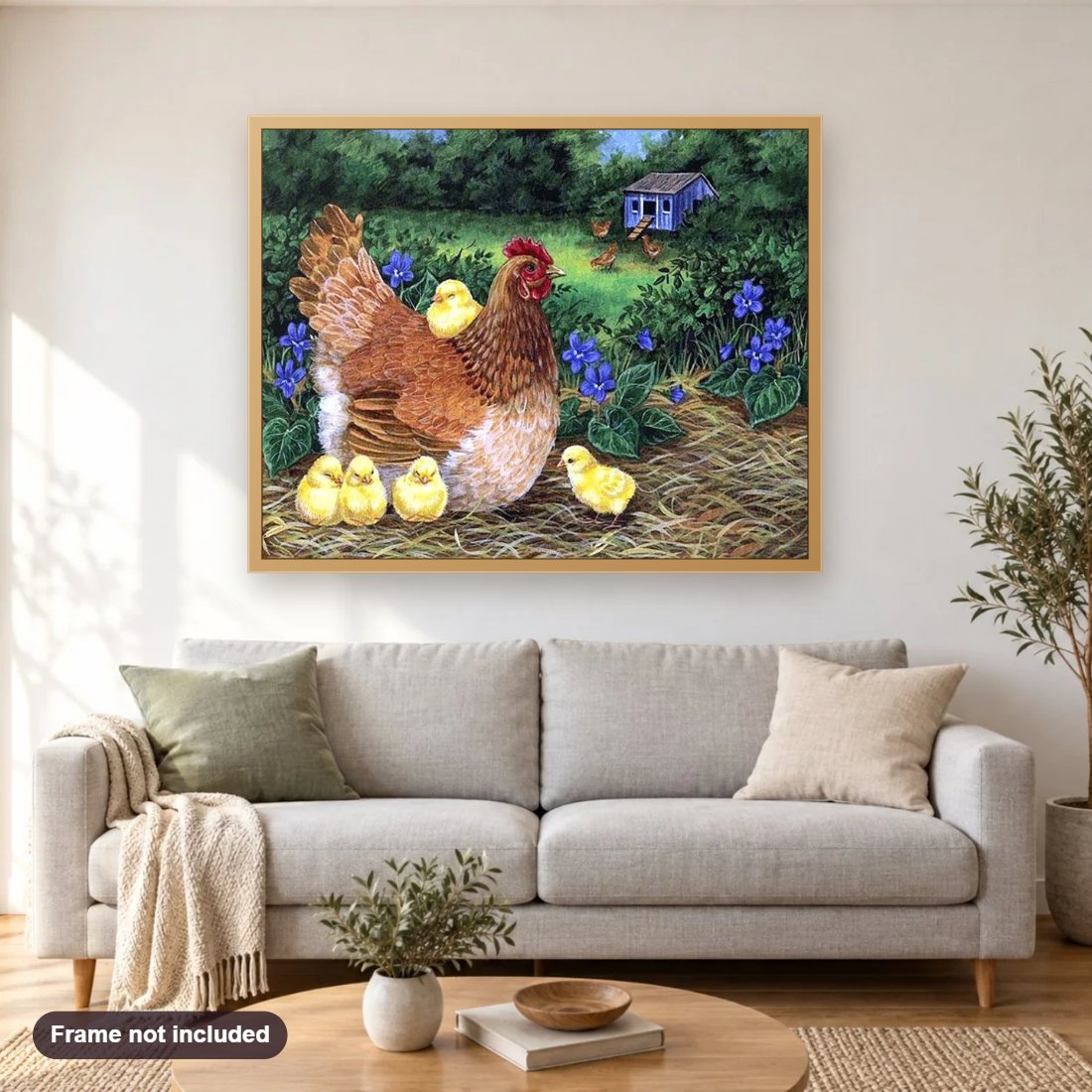 Mother Hen with Little Chicks diamond painting shown framed on a living room wall above a sofa