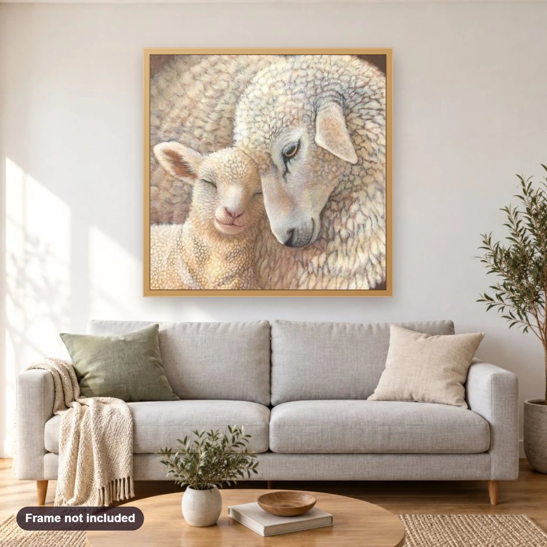 Mother Sheep with Baby diamond painting shown framed on a living room wall above a sofa