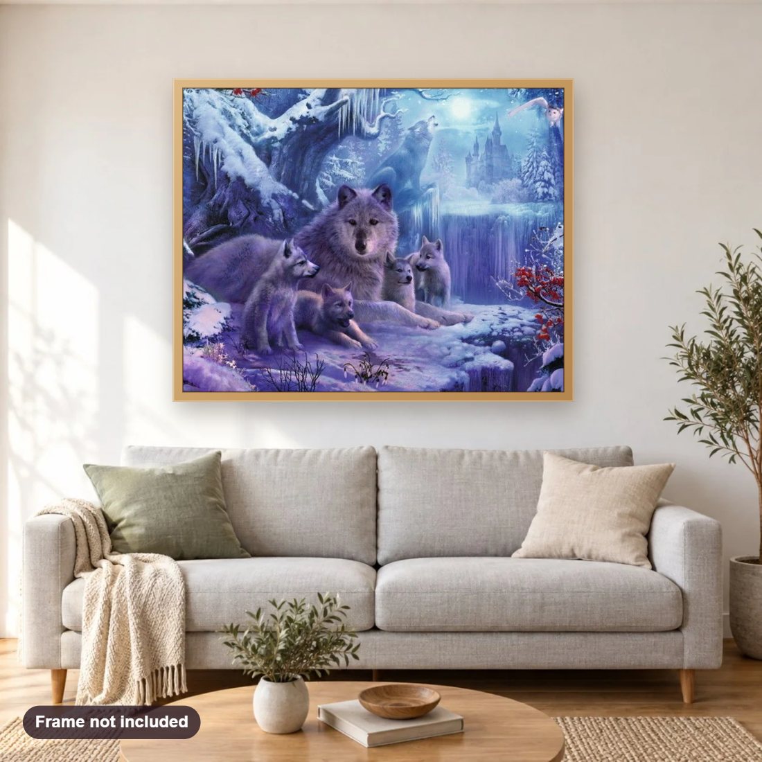 Mother wolf with Little Cubs diamond painting shown framed on a living room wall above a sofa