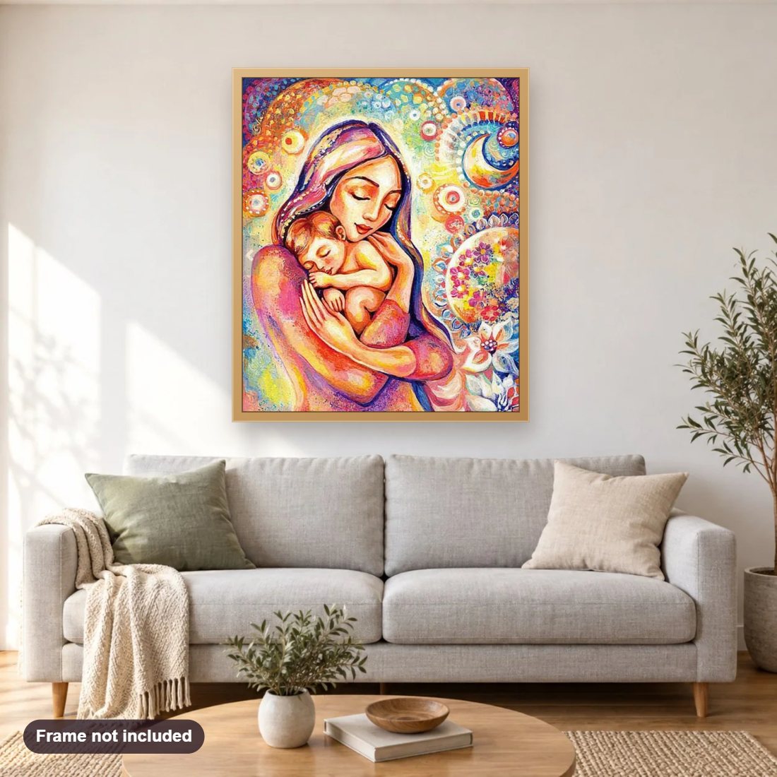 Mother's Love diamond painting shown framed on a living room wall above a sofa