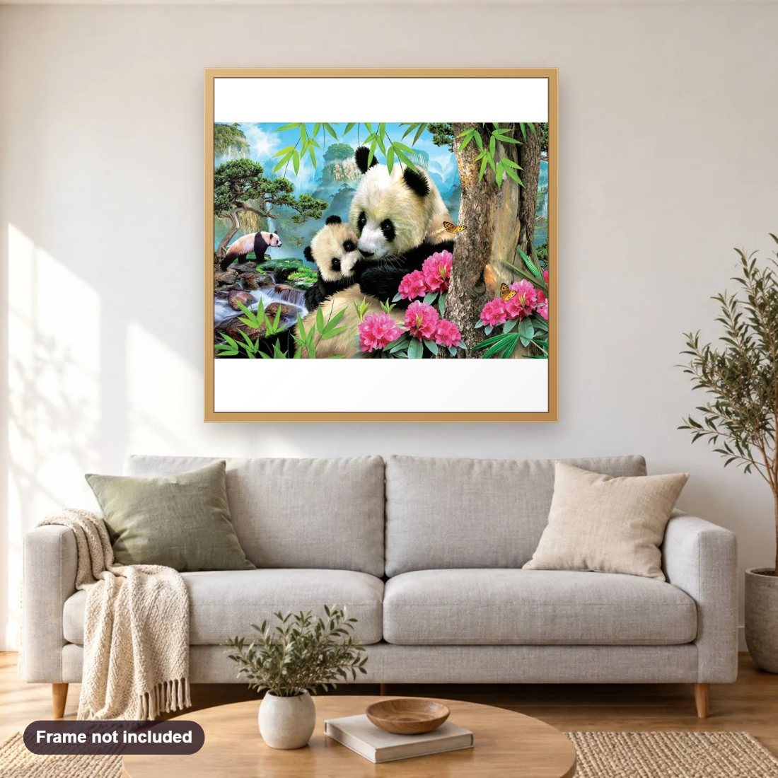 Mother's Love diamond painting shown framed on a living room wall above a sofa