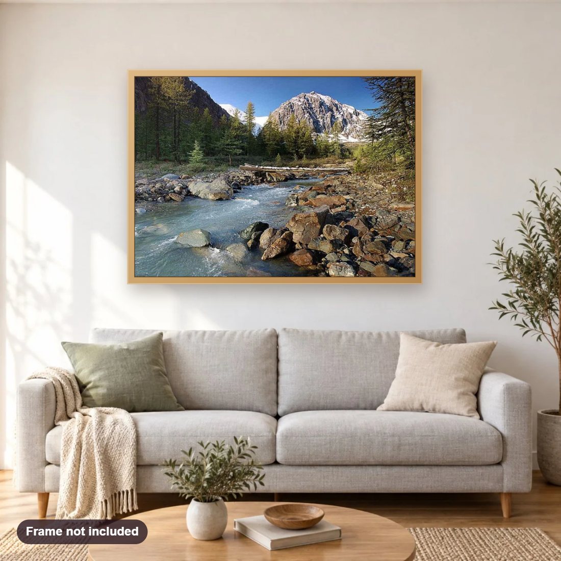 Mount Scenery diamond painting shown framed on a living room wall above a sofa