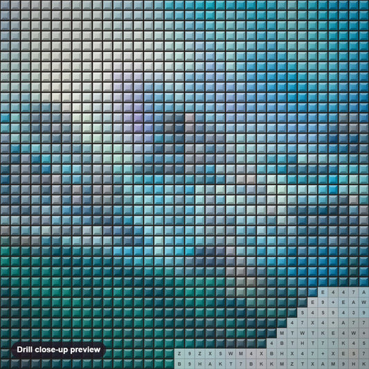Close-up preview of the Mountain Magic diamond painting with square 5D drills and printed canvas symbols