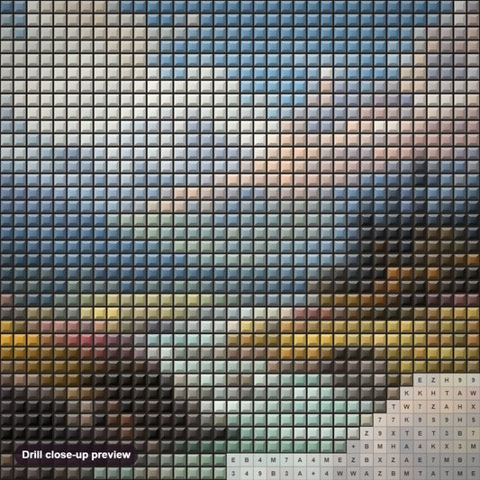 Close-up preview of the Mountain Retreat by the Riverside diamond painting with square 5D drills and printed canvas symbols