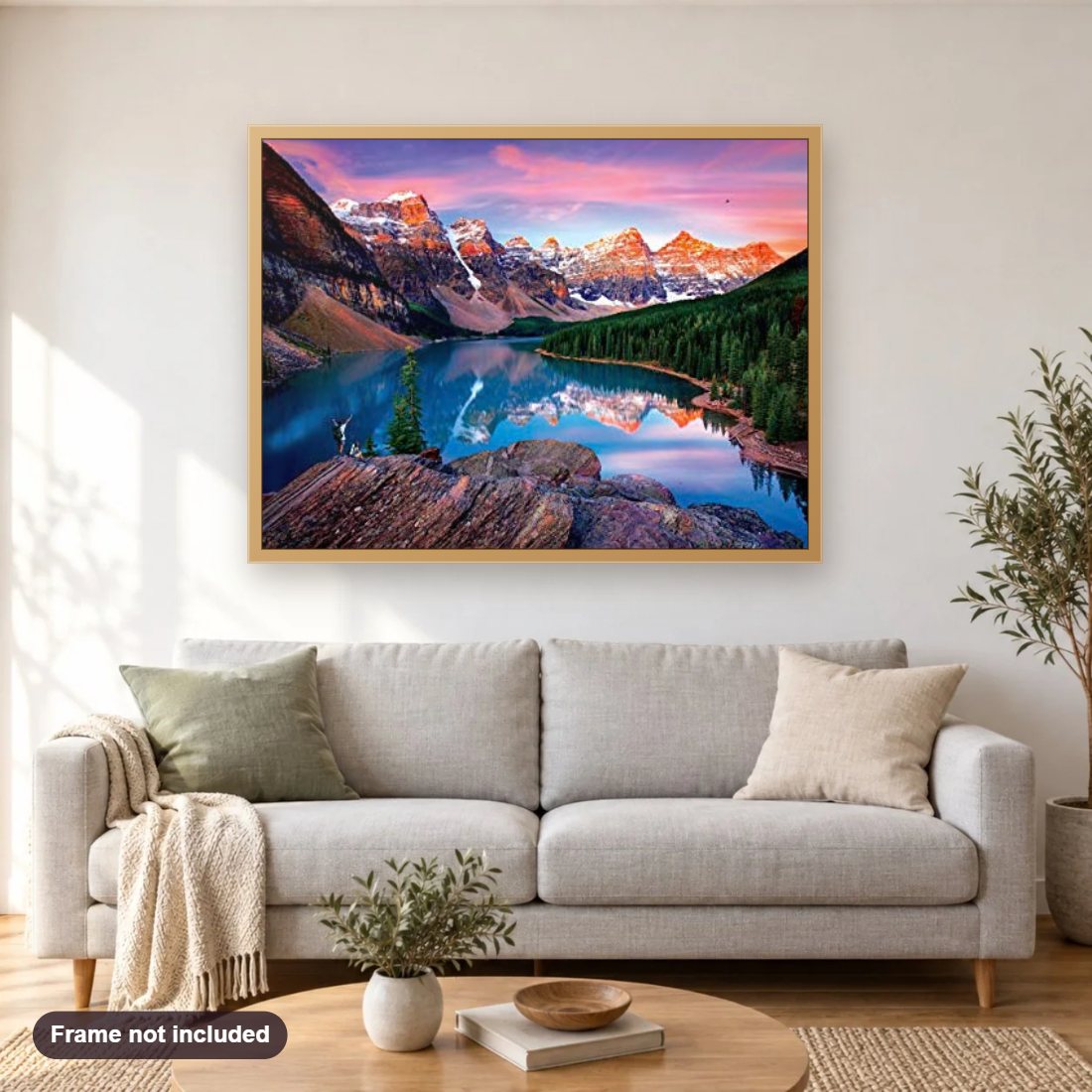 Mountains on Fire diamond painting shown framed on a living room wall above a sofa
