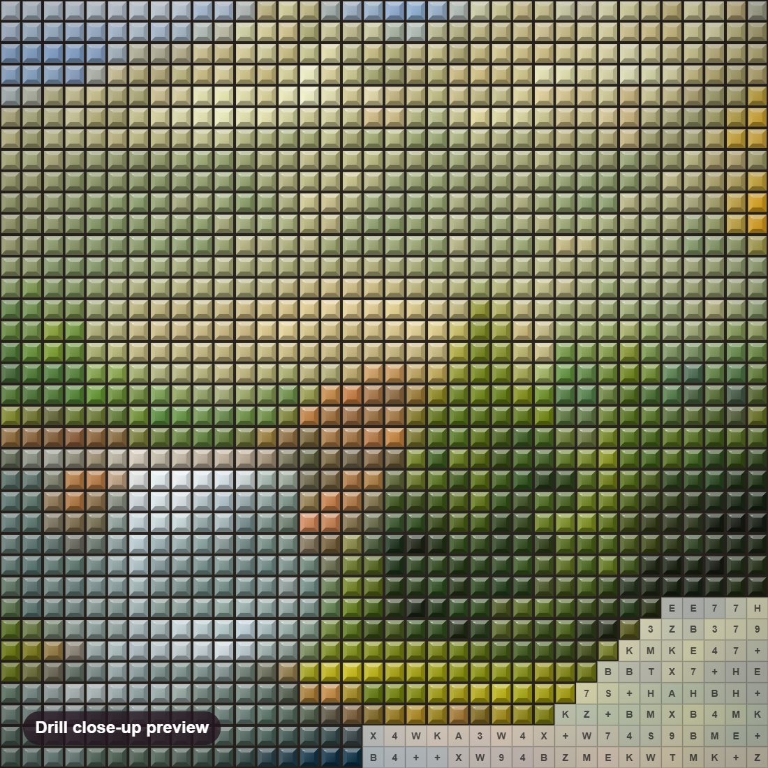 Close-up preview of the Mountains Stream diamond painting with square 5D drills and printed canvas symbols