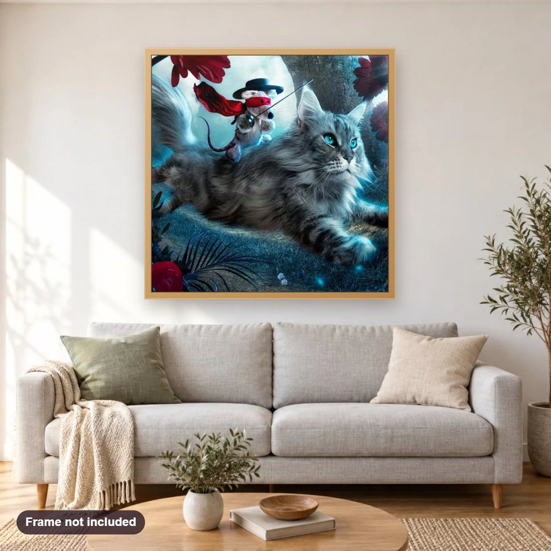 Mouse Riding the Cat diamond painting shown framed on a living room wall above a sofa