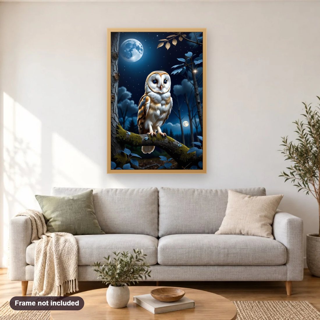 Mr. Owl's Nocturnal Vigil diamond painting shown framed on a living room wall above a sofa