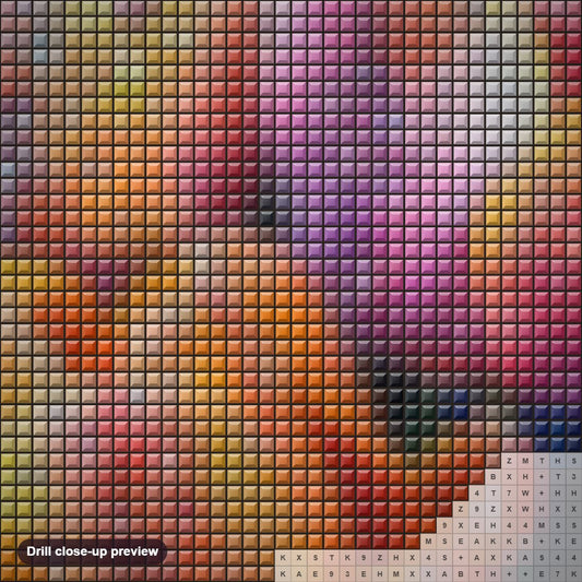 Close-up preview of the Multi Color Tulips With Rain Drops diamond painting with square 5D drills and printed canvas symbols