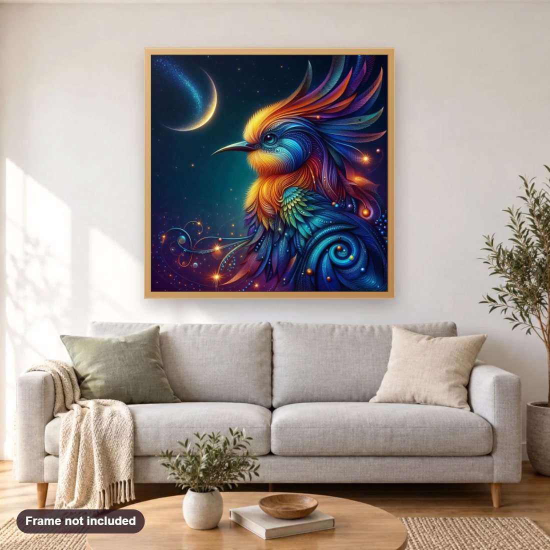 Multicolored Beautiful Bird diamond painting shown framed on a living room wall above a sofa