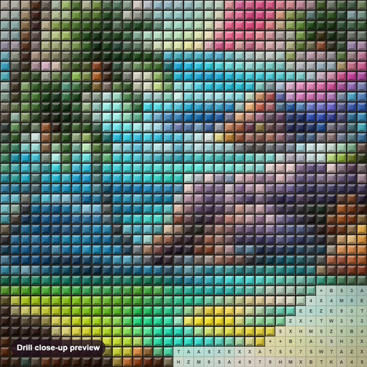 Close-up preview of the Multicolored Fairytale Landscape diamond painting with square 5D drills and printed canvas symbols
