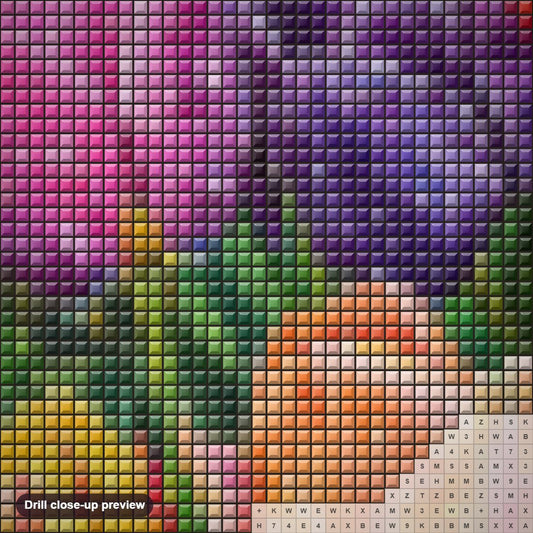 Close-up preview of the Multicolored Tulips With Rain Drops diamond painting with square 5D drills and printed canvas symbols