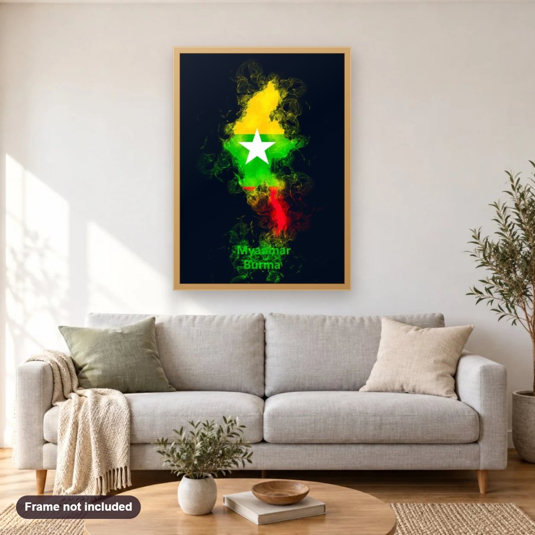 Myanmar (Burma) Country Map diamond painting shown framed on a living room wall above a sofa