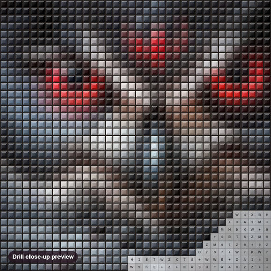 Close-up preview of the Mysterious Aura of the Red Eyed Owl diamond painting with square 5D drills and printed canvas symbols