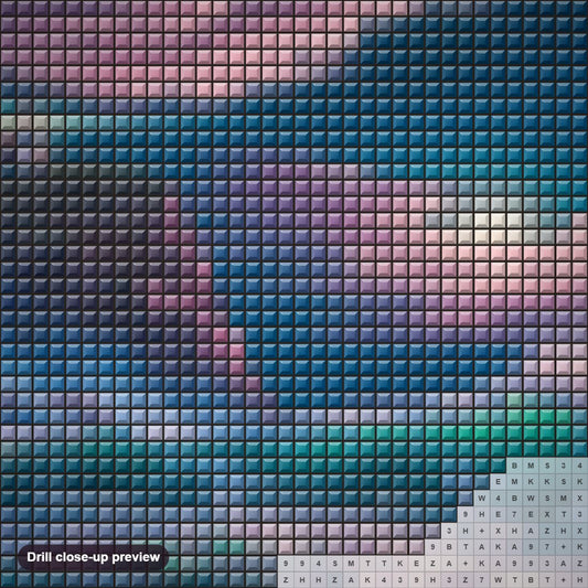 Close-up preview of the Mystery diamond painting with square 5D drills and printed canvas symbols