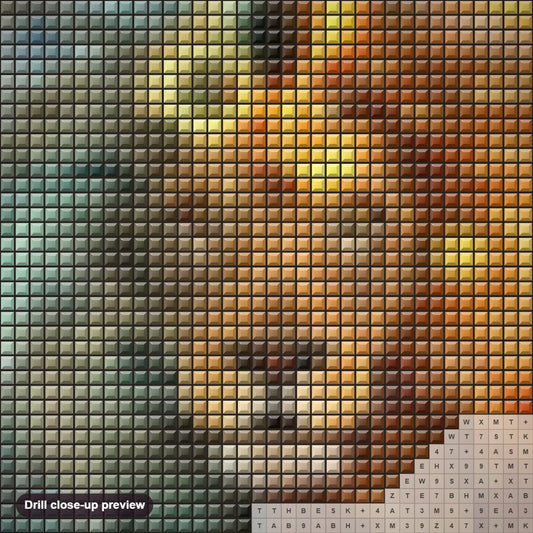 Close-up preview of the Mystic Lion diamond painting with square 5D drills and printed canvas symbols