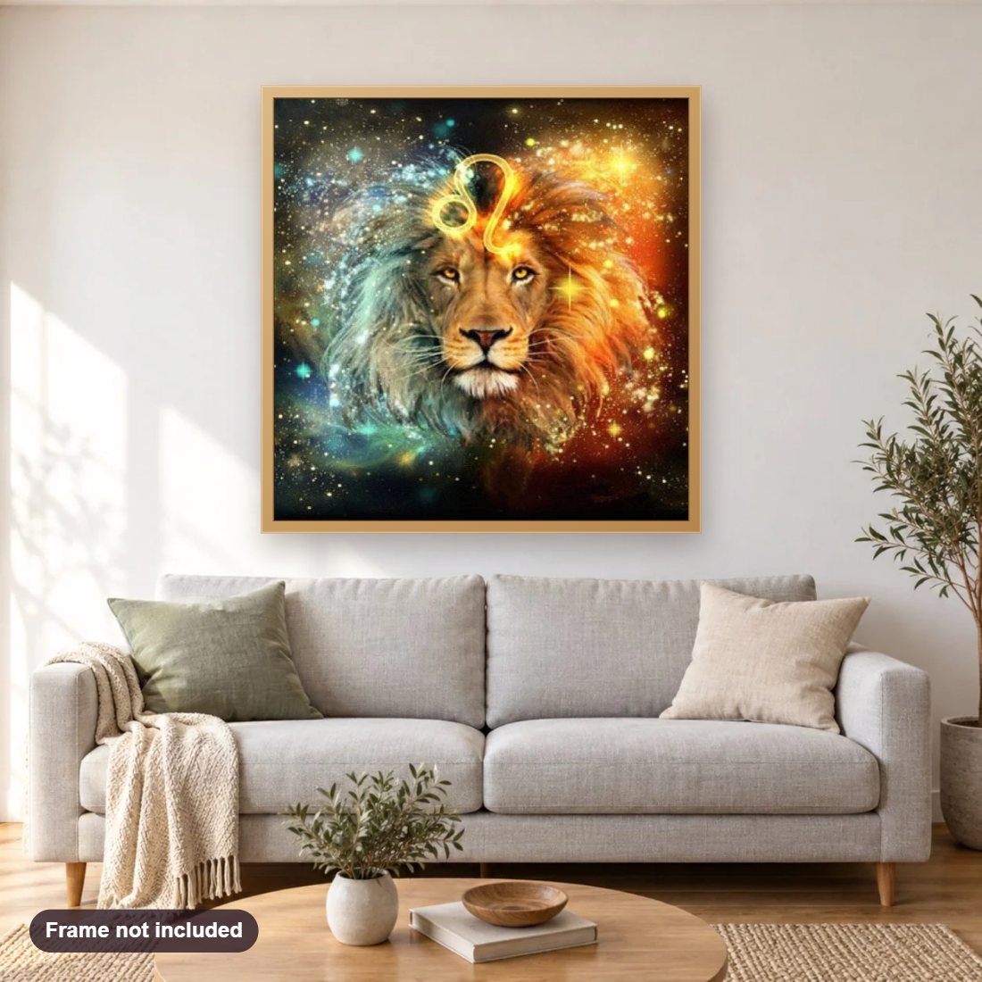 Mystic Lion diamond painting shown framed on a living room wall above a sofa