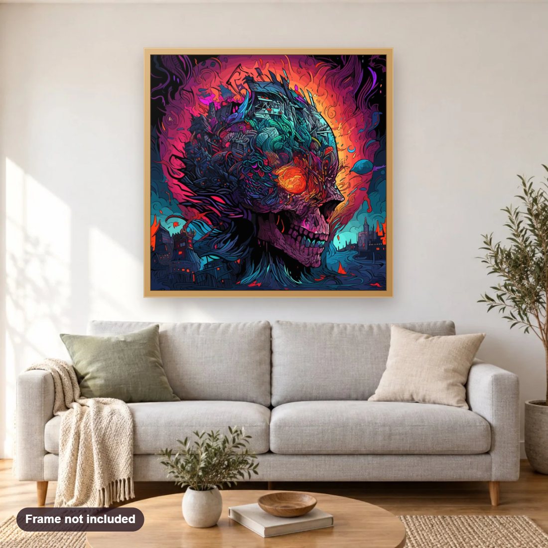 Mystic Skull Nightmare diamond painting shown framed on a living room wall above a sofa