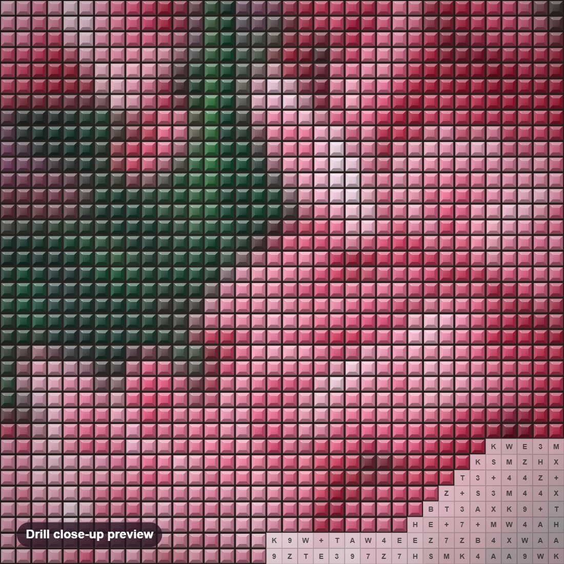 Close-up preview of the Mystical Peonies diamond painting with square 5D drills and printed canvas symbols