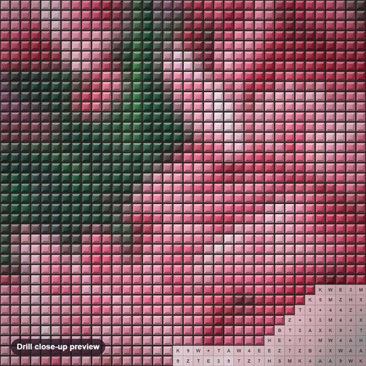 Close-up preview of the Mystical Peonies diamond painting with square 5D drills and printed canvas symbols