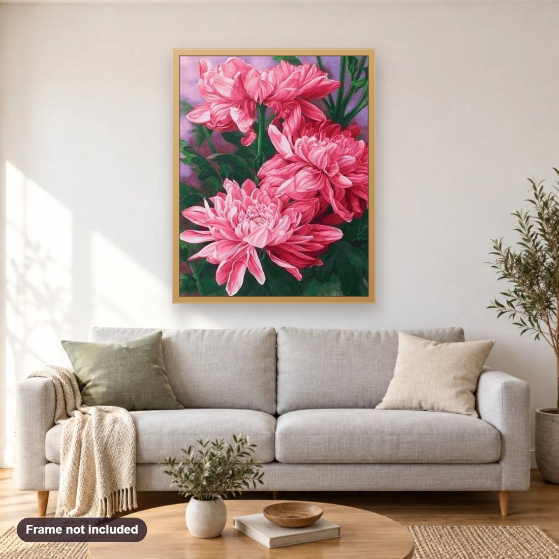 Mystical Peonies diamond painting shown framed on a living room wall above a sofa
