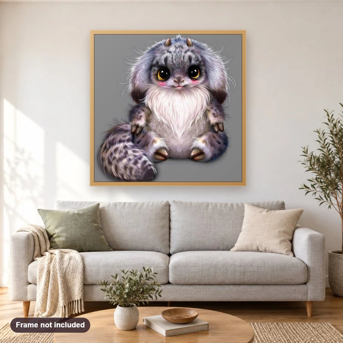 Mythical Creature diamond painting shown framed on a living room wall above a sofa