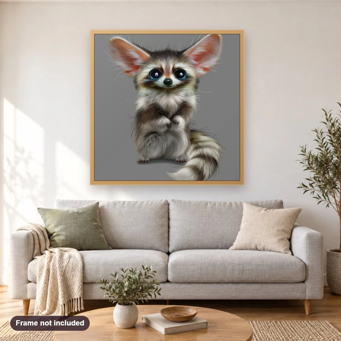 Nafantano Creatures diamond painting shown framed on a living room wall above a sofa