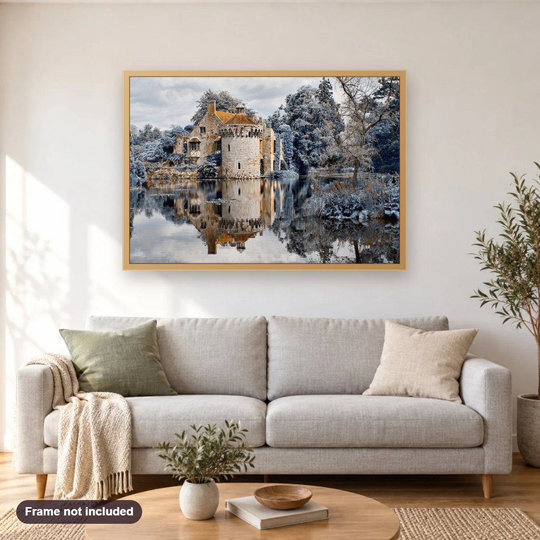National Trust diamond painting shown framed on a living room wall above a sofa