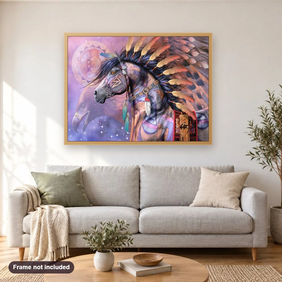 Native American War Horse diamond painting shown framed on a living room wall above a sofa