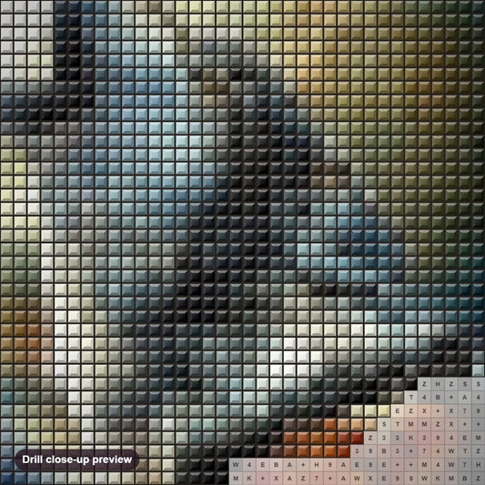 Close-up preview of the Native Woman & The Wolf diamond painting with square 5D drills and printed canvas symbols