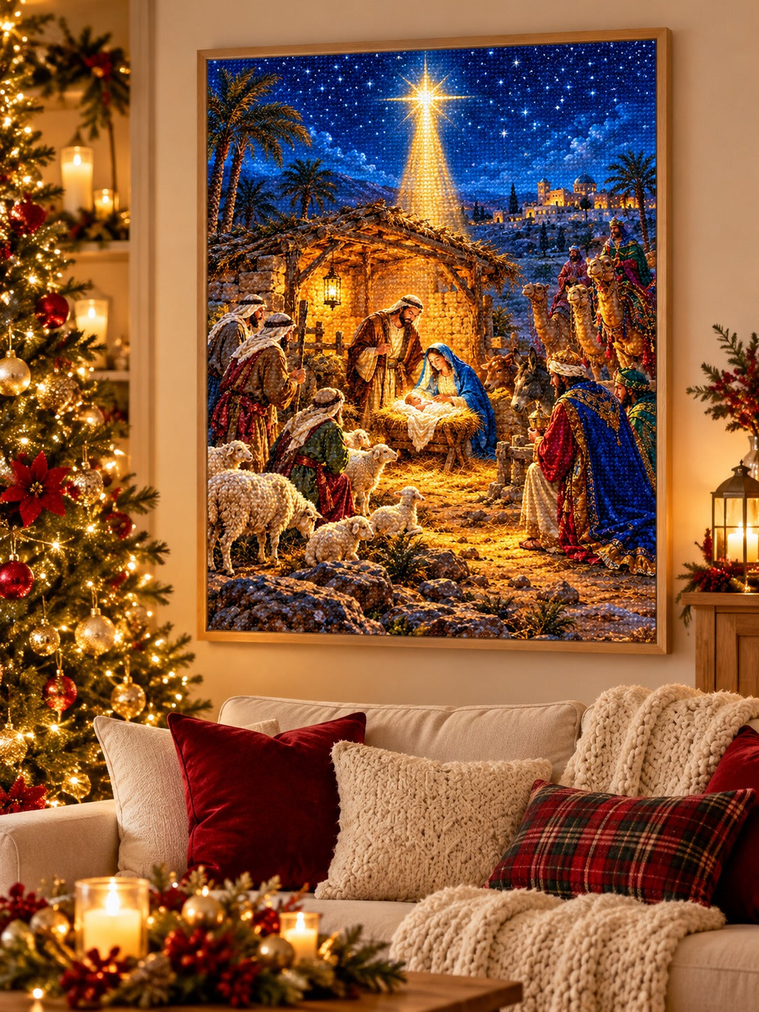 Finished Nativity stable under the Star of Bethlehem diamond painting in a light oak frame hanging in a cozy living room decorated for Christmas