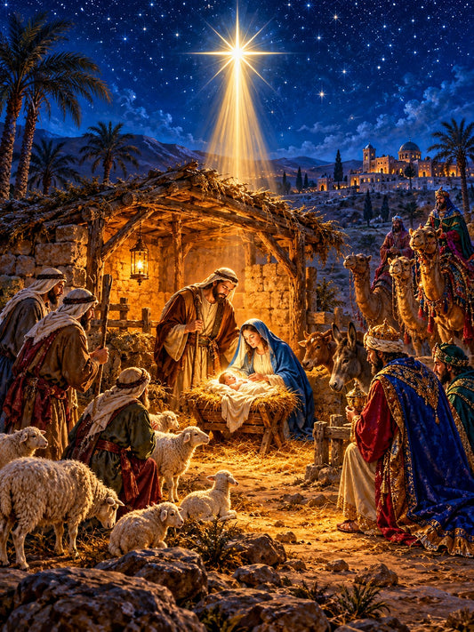 Nativity stable under the Star of Bethlehem, Christmas diamond painting kit by All Diamond Painting
