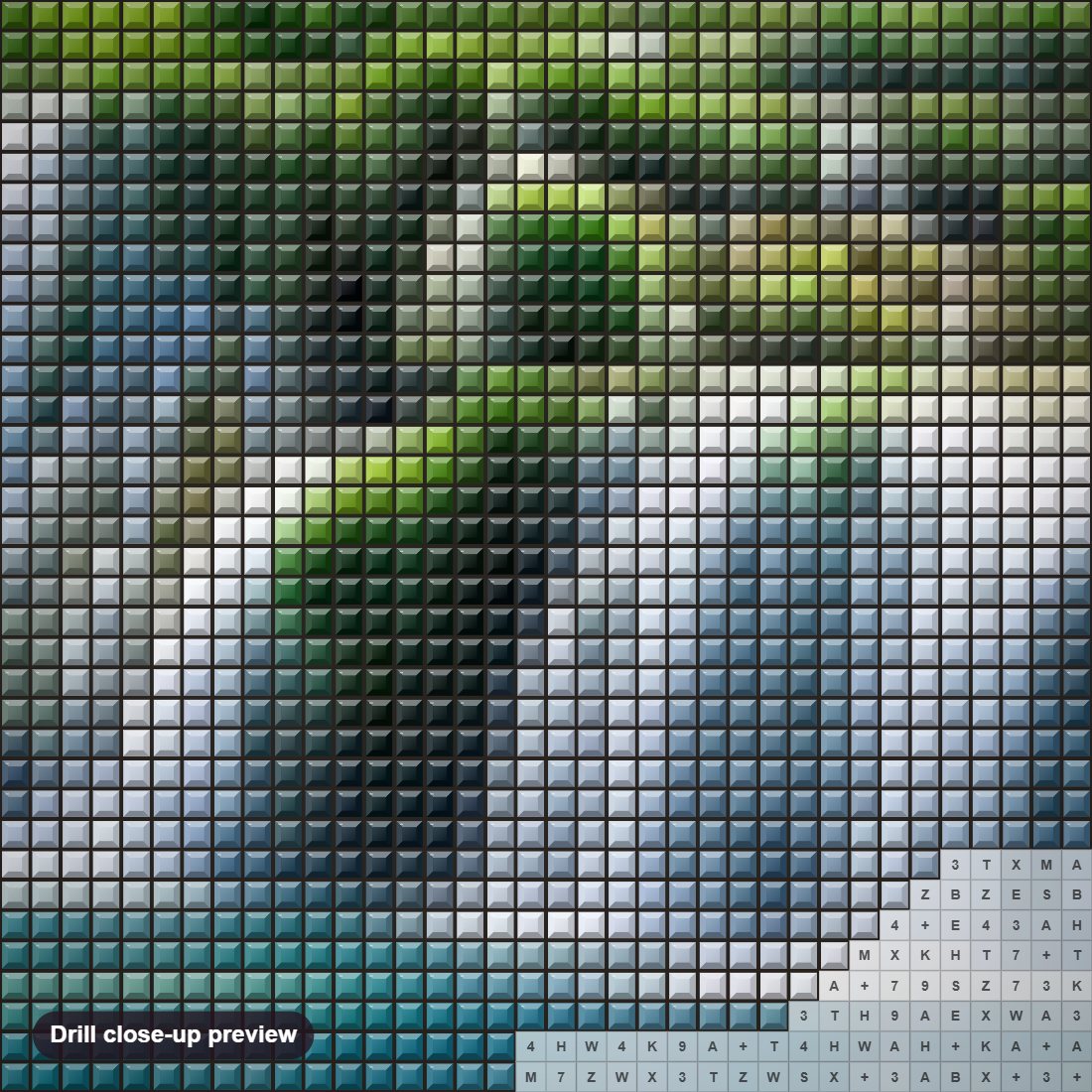 Close-up preview of the Natural Waterfall diamond painting with square 5D drills and printed canvas symbols