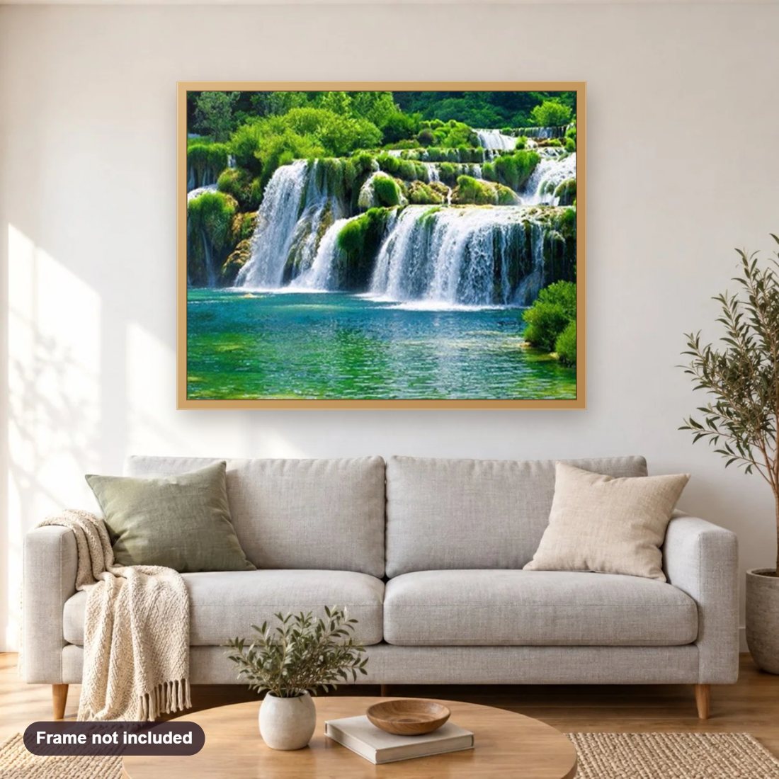 Natural Waterfall diamond painting shown framed on a living room wall above a sofa